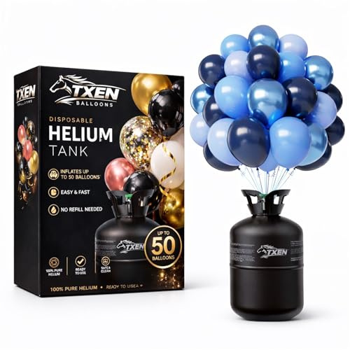 TXEN Disposable Helium Tank, 13L, Fills up to 50 Balloons, 100% Pure Helium, No Refill Needed, for Parties