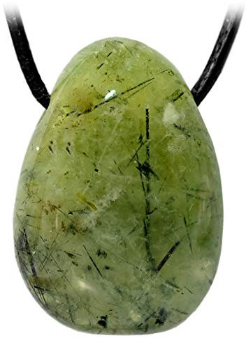 Kaltner Präsente Edelstein Halskette mit Anhänger/Prehnit Grün/Lederband mit gebohrtem Trommelstein Tropfen Anhänger/Hochwertiger Edelsteinanhänger/Lederkette