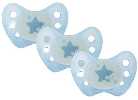 Dentistar® Night Set da 3 Ciuccetti in silicone che supportano dentizione e mascella – Taglia 2 per 6-14 mesi – Ciuccio neonato luminoso al buio – Succhietto blu con stelle – Made in Germany