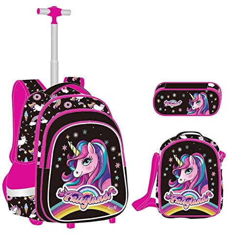 IvyH Rucksäcke Mädchen Schultaschen Trolley, Grundschule Trolley Rucksack mit Lunch Tasche Federmäppchen 4 in 1 Schultaschen-Sets Ideal für Kinder Schüler der Klassen 2-6