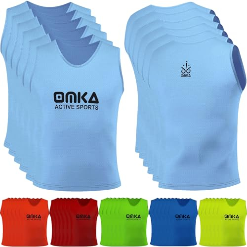 OMKA 6 Stück (6er-Set) Fußball Leibchen Lätzchen Trainingsleibchen Markierungshemd Fußballleibchen für Kinder Jugend und Erwachsene | Hellblau - L