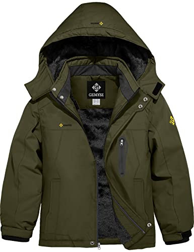 GEMYSE Jungen Wasserdichte Skijacke Winddichte Fleece Outdoor Winterjacke Regenjacke mit Kapuze (Armeegrün,152-158)