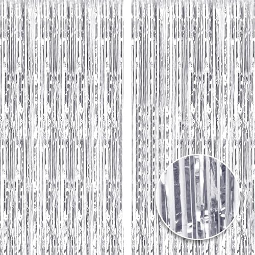 2pcs 3ft X 8.3ft Silver Tinsel Glitter Curtain,Foil Fringe Curtain Aluminum Foil Flow Silk Curtain Background Streamer Birthday Party Wedding Holiday Backdrop Decoration