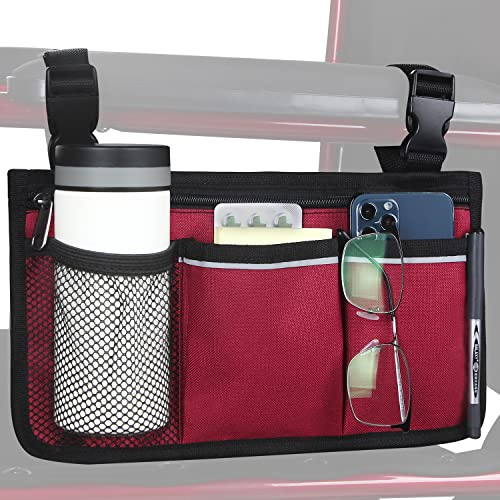 HSGEZUOQI Wheelchair Side Bag, Armrest Storage Pouch with Cup Holder and Reflective Strip Use of Waterproof Fabric for Most Wheelchairs, Walkers or Rollators (Red)