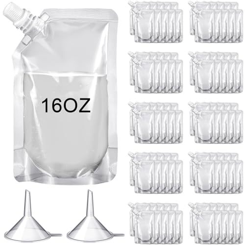 Meanplan 100 Pcs Plastic Pouches Bulk Reusable Squeeze Pouches Clear Plastic Juice Leak Proof Bags with Funnel for Party Favors Supplies(16 oz,Inclined Mouth)