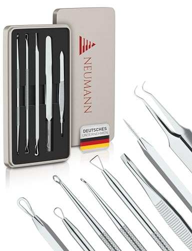 NEUMANN® Mitesserentferner-Set (rostfreier Edelstahl) zum entfernen von Pickeln, Blackheads & co. - Komedonenquetscher, Heber, Remover - Verschiedene Tools: Schlingen, Pinzetten, Lanzette [Silber]
