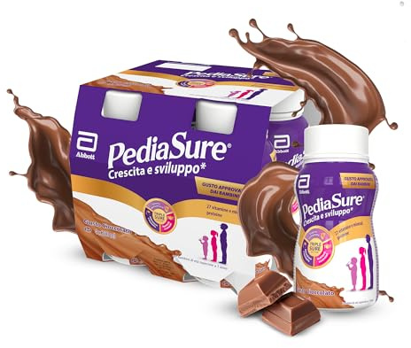 Pediasure Crescita e Sviluppo Drink, Integratore Bambini con Vitamine, Minerali, Proteine, per Difese Immunitarie, Concentrazione e Memoria, Formato Liquido 200 ml x 4 Pronto da Bere, Gusto Cioccolato