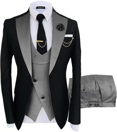 Wangyue Mens Suit 3 Piece Slim Fit Suits for Men Wedding Prom Tuxedo for Men Formal Business Suit, Black-Grey, L