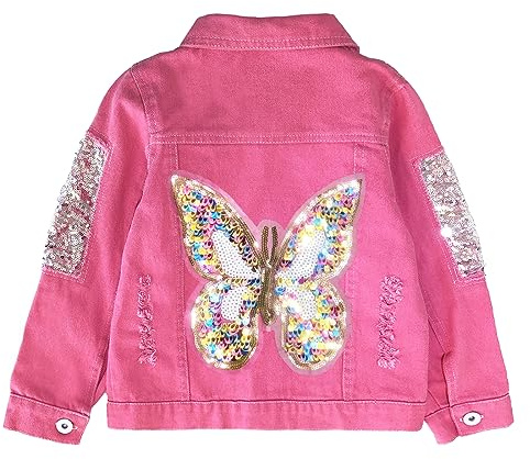 Peacolate Chaqueta vaquera rosa con lentejuelas de mariposa para niñas de 3 a 7 años
