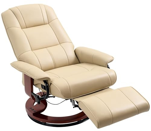 HOMCOM 360° Swivel Recliner Chair with Footstool Faux Leather Cream White | Manual Recliner Armchair, Upholstered, Living Room, Bedroom, Office