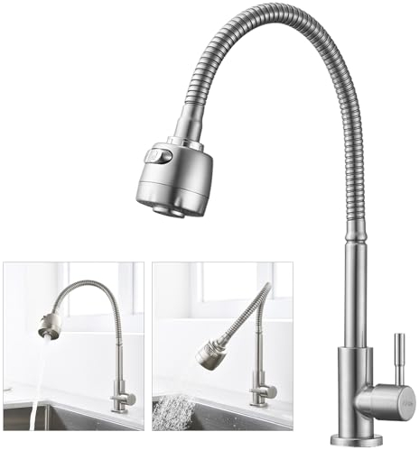 HOMELODY Wasserhahn Küche 360° Schwenkbar nur Kaltwasser 2 strahlarten Kaltarmatur aus Edelstahl Küchenarmatur Einhand Wasserhahn Kalt Spülbeckenarmatur Gebürsteter Federhahn, Matt