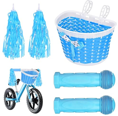 VireEyU Kit d'Accessoires pour Vélo Enfant: Poignées de Vélo Bleues et Pompons Colorés avec Panier Bleu, Prise Sûre pour Guidons de 22mm, Inclus Serpentins Brillants