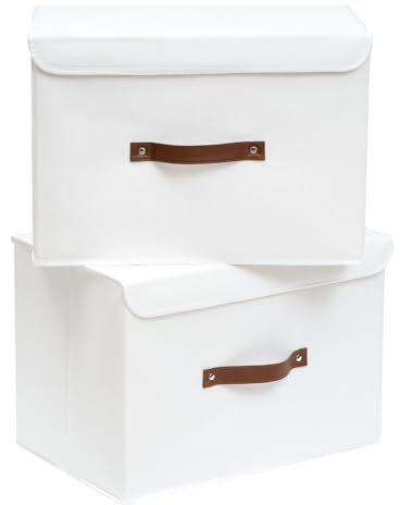 Yawinhe Storage Boxes with Lids 2 Pack, Collapsible Bin with Handle, for Organizing Clothes, 33x23x20cm, White, SNK018WLS-2