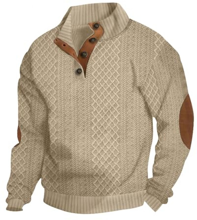 QOSOQ Men's Casual Sweatshirt Pullover Sweater Casual Long Sleeve Stand Collar Quarter Button Sweaters Khaki