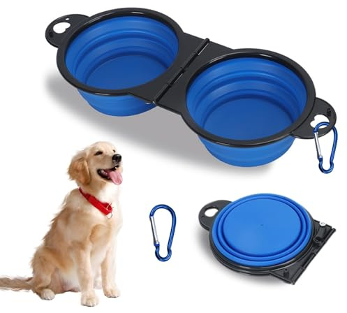 Collapsible Dog Bowl Blue - 2-in-1 Silicone Travel Bowl for Food & Water with Climbing Carabiner (350ml) | Perfect for on the Go