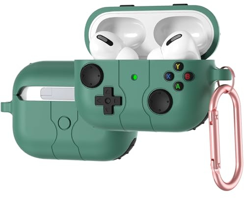 Skyddsfodral för AirPods Pro/AirPods Pro 2, flytande silikon med spelpad-design, stötsäker och dammsäker, trådlös laddning, med karbinhakar, kompatibla AirPods Pro/Pro 2 (grön)