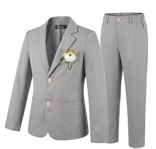 LOLANTA 2 Pièces Costume Mariage Garçon en Lin, Ensemble Veste Cintrée et Pantalon Costume Enfant pour Baptême, Cérémonie, Fête d'anniversaire, Tenue de Page Élégante, Gris, 12-13 Ans, 160