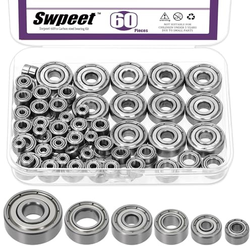 Swpeet 60Pcs 6 tamaños 693ZZ, 623ZZ, 624ZZ, 685ZZ, 687ZZ, 627ZZ Kit de sorteo de rodamientos de bolas, rodamientos de ranura profunda de acero al carbono alto, doble blindado