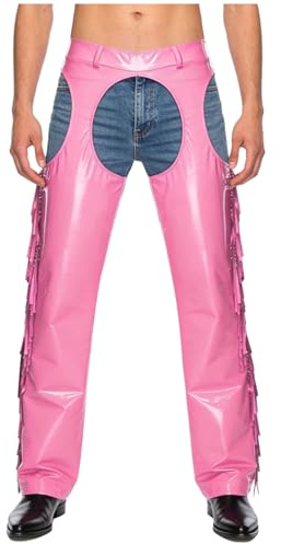 Oyolan Chaps for Mens Pu Leather Glossy Hollow Out Cowboy Assless Chaps Trousers Fringe Motorcycle Pants Pink XL