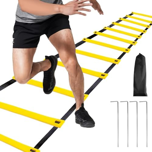 Escalera de coordinación de 9 m, escalera de entrenamiento de velocidad, agilidad y velocidad, con bolsa, ancho de 42 cm, obstáculos, fuerza y resistencia, técnica en casa