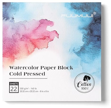 Fuumuui Watercolor Paper Block 8x8 Inch, 100% Cotton, 22 Sheets, Cold Pressed, 300gsm/140lb, Acid-Free, All-Purpose Block for Watercolor & Gouache