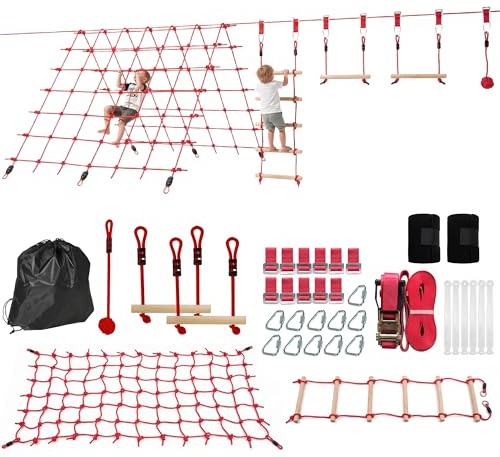 AIYAPLAY Ninja Line Kinder 10m Slackline Set mit Slackline, Turnringe, Schaukel, Kletterleiter, Kletternetz, Kletterseil, Reckstange, Outdoor Spielset Ausrüstung für 3-6 Jahre Kinder Rot