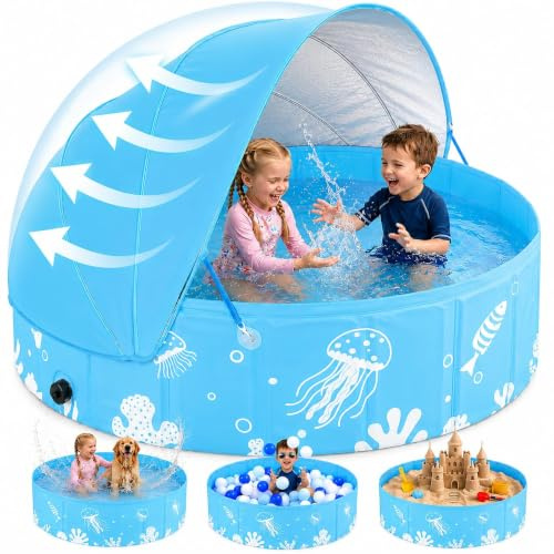 ROMIVO Paddling Pool with Canopy, 47 in Foldable Baby Pool, UPF 50+