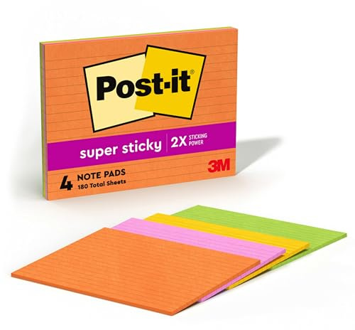 Post-it Super Sticky Notes, 8 in x 6 in, 4 Pads, 2X The Sticking Power, Rio de Janeiro Collection, Bright Colors (Orange, Pink, Blue, Green), Recyclable (6845-SSPL)