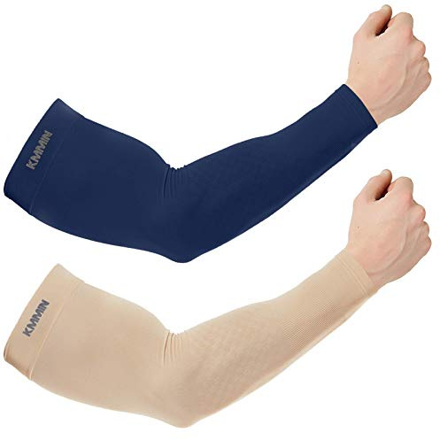 KMMIN Manchettes de Bras, Soleil Bras Manches Glacé Sun UV Protection UPF 50 Écran Gants de Protection Conduite Activité en Dehors Adultes Tatouages Couvrants 2pcs(Navy+Beige, M)