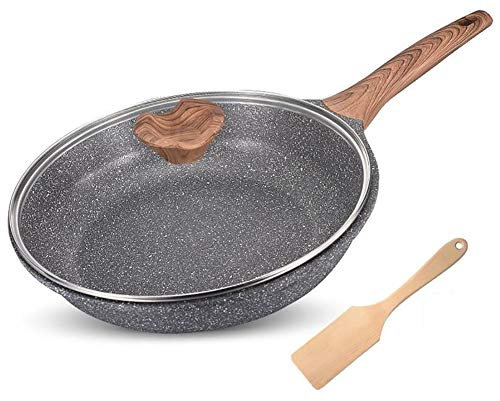 Frying pan Earth stone/granite, nonstick deep pan with glass lid and wooden shovel (Set of 3 piece) by Indoor Ultima Kitchen,28cm
