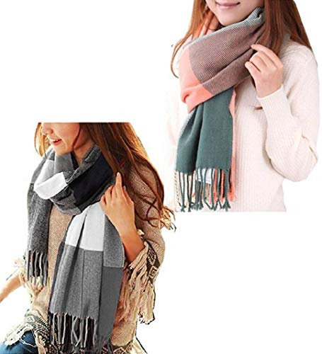 heekpek Bufanda Mujer Invierno Otoño Tartan Bufanda Caliente Suave Larga Bufanda Cachemira Mujer con Borlas, 2 piezas C