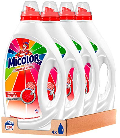 Micolor Gel Colores Vivos (pack de 4, total: 120 lavados), detergente líquido para lavadora con tecnología recupera colores, jabón para ropa de color
