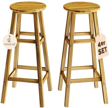 CASARIA® Set de 4 Taburetes de Bar Madera de Acacia Maciza Carga hasta 150Kg Altura 75cm Interior Exterior