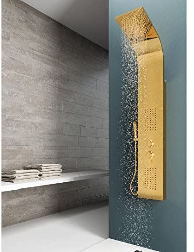 EM Duschsäule Jungle Gold Stahl Gold Poliert Matt 4 Funktionen Mit Wasserfall Handbrause Mischer Kaltes Wasser