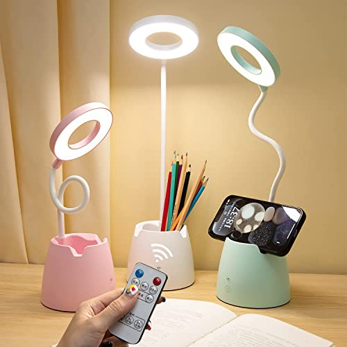 Lampada da Scrivania Verde con Controllo Remoto e Temporizzazione, LED Luce da Scrivania Senza Fili Ricaricabile, Dimmerabile 4000 mAh Lampada da Tavolo con Portapenne e Portatelefono