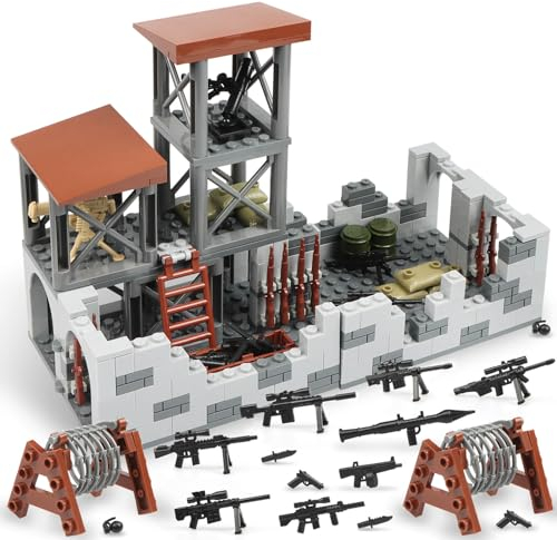 Finger Rock WW2 Militärbasis Klemmbausteine, Outpost Tower Architecture Modell mit Mini Waffen Kriegszubehö, DIY Militärspielzeuge Kreative Geschenk für Kinder Jugendliche