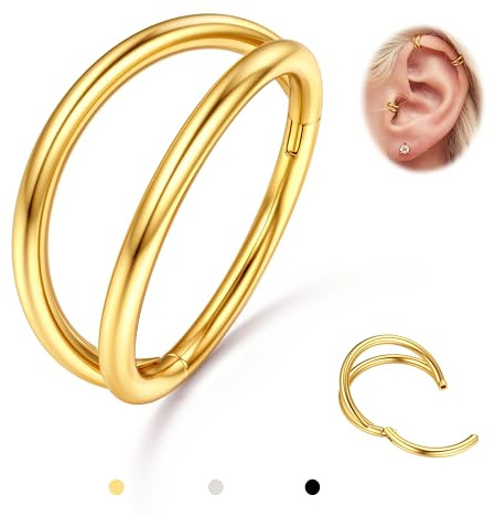 BodyBonita Double Hoop Nose Ring - 14K Gold Plated 316L Stainless Steel Septum Clicker 16G Conch Piercing Jewelry Helix Rook Tragus Lip Rings Cartilage Earring 10 mm
