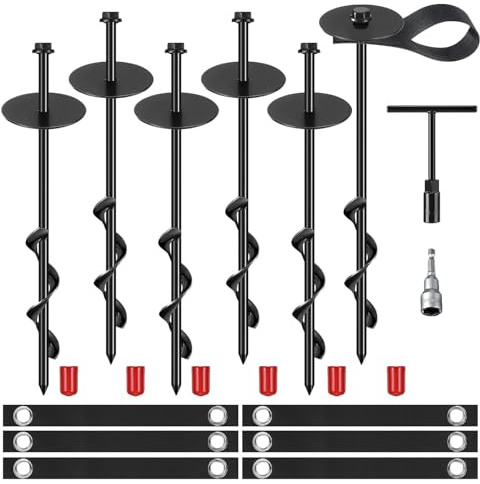Ancrages au sol pour trampoline, 6 Kit Ancrages de Sol à Visser avec poignée en T, douille à chocs, ceinture, kit d'ancrage pour abri en spirale, Piquet ancrage pour sécuriser les tentes, auvents