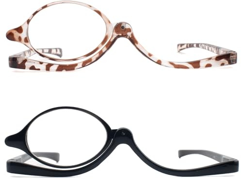 FEIVSN 2 Pack Makeup Reading Glasses for Women Flip Down Cosmetic Magnifying Readers Make Up Eyeglasses Spring Hinge, Black/Brown, +2.50
