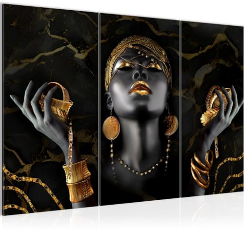 Runa Art Mujer africana Cuadro Lienzo no Tejido 3 Piezas Fashion Beauty Oro negro Dormitorio Corredor 045431a
