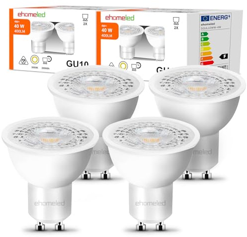 ehomeled GU10 LED Warmweiss Lampe 40W Ersetzt Glühbirne, 4W 400 Lumen 3000K Warmweiß LED Leuchtmittel, 45° Abstrahlwinkel Reflektor, ideal für Wohnzimmer & Flur, Nicht Dimmbar Birne, 4er-Pack
