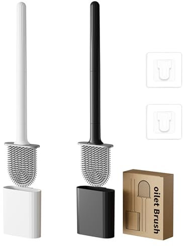 Yolistar 2 uds Escobillas de Baño Silicona, Escobillas WC, Cepillo Toilet Plana de Mango Largo, Cepillo de baño de Pie/de Pared, Escobillero con cerdas de TPR duraderas y Flexibles (Blanco, Negro)