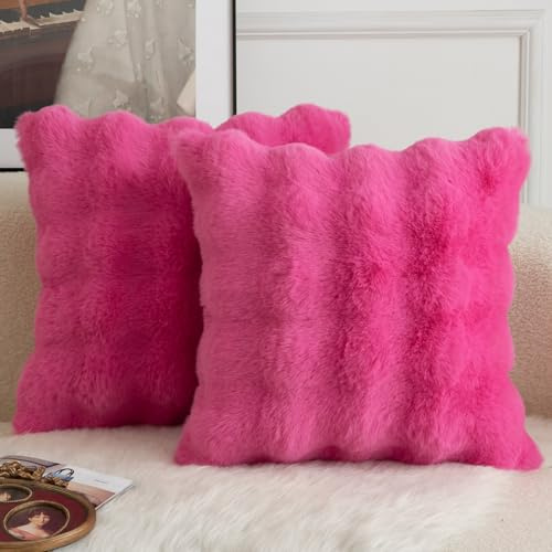Mandioo Pack of 2 Cushion Covers 65cm x 65cm Decorative Thick Plush Wool Throw Pillow Covers cases for Sofa Bedroom Living Home 26 x 26 Inch Hot Pink