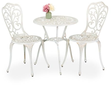 Relaxdays Garden Bistro Set, 3-Piece, Table & 2 Chairs, Antique Design, Patio Furniture, Outdoor Dining, White/Bronze, Aluminium, 65 x 60 cm