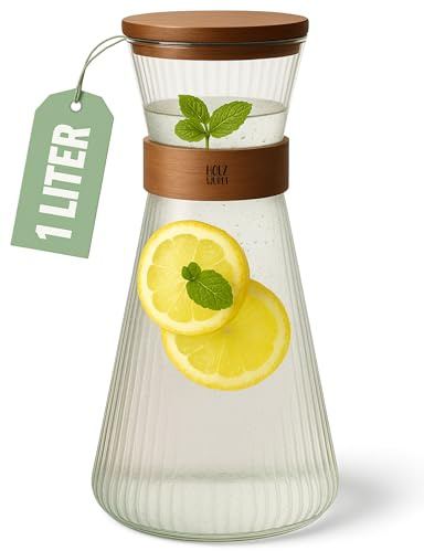 Holzwurm Glas Karaffe 1L - Geriffelte Wasser Karaffe mit Walnuss Holzmantel, elegante Wasserkaraffe für zu Hause und Büro