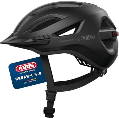 ABUS Stadthelm Urban-I 4.0 - Fahrradhelm mit aufladbarem Rücklicht, 2 Leuchtmodi, Schirm, Zopf-Öffnung und magnetischem Verschluss - für Jugendliche, Frauen und Männer - Größe L, schwarz