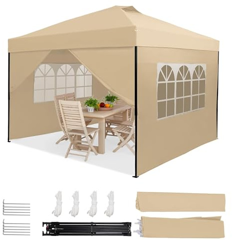 HOMEDEMO Gazebo 3x3m Pieghevole con 4 Parti Laterali Rimovibili, Gazebo da Giardino Tenda Padiglione Sistema di Clic Pop-up di Peso e Sacca di Trasporto, Cachi