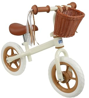 MoVe Girls Balance Bike 10 Wheels | Retro Cream & Brown with Basket & Tassels | Adjustable Handlebars & Seat | Kids Toddler No Pedal Walking Training Bicycle | Ages 2+