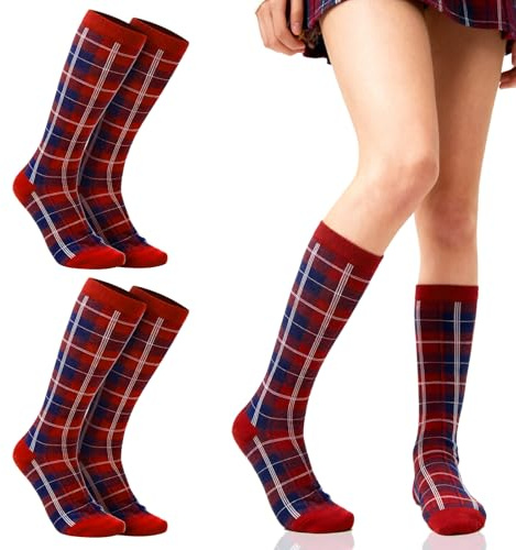 SAIIURV 2 Paires Tartan Chaussette Haute pour Femmes Filles, Motif Carreaux Chaussettes de Genoux Coton Longues Montantes Uniforme Accessoires de Costume pour Cosplay Fête Quotidienne (Rouge)