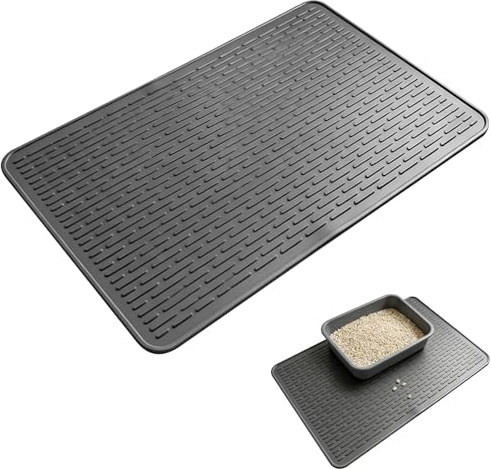 Tappetino per lettiera per gatti, 92 x 52 cm, in silicone di alta qualità, impermeabile, dimensioni lettiera per gatti, facile da pulire e antiscivolo, per ciotola e lettiera per gatti (grigio)